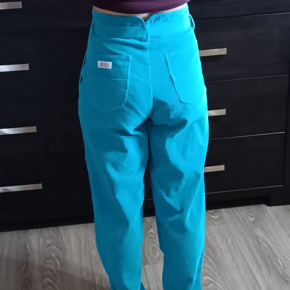 Vintage 80s Roadrunner Corduroy Pants High Waist Bright Blue Cotton Belt - Picture 7 of 8